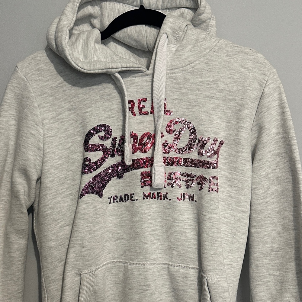 Superdry Light Gray Hoodie with Pink Sequin Logo